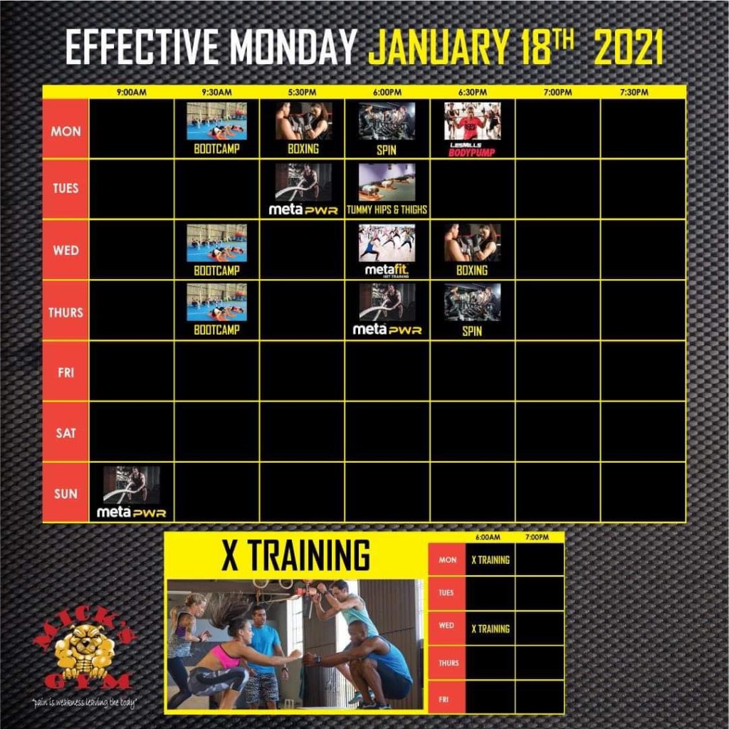 Mick Gym 2021 Group Fitness Timetable